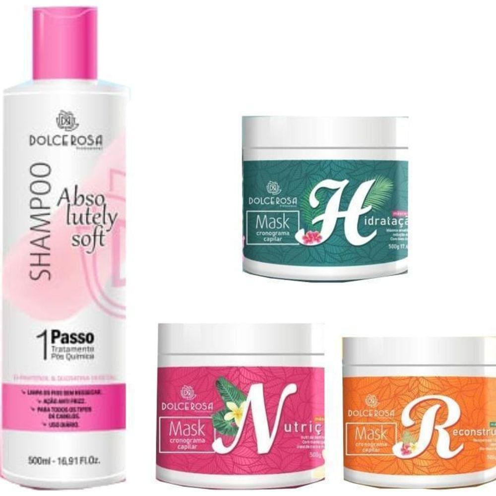 Kit Cronograma Capilar Dolce Rosa Com Shampoo E 3 Mascaras