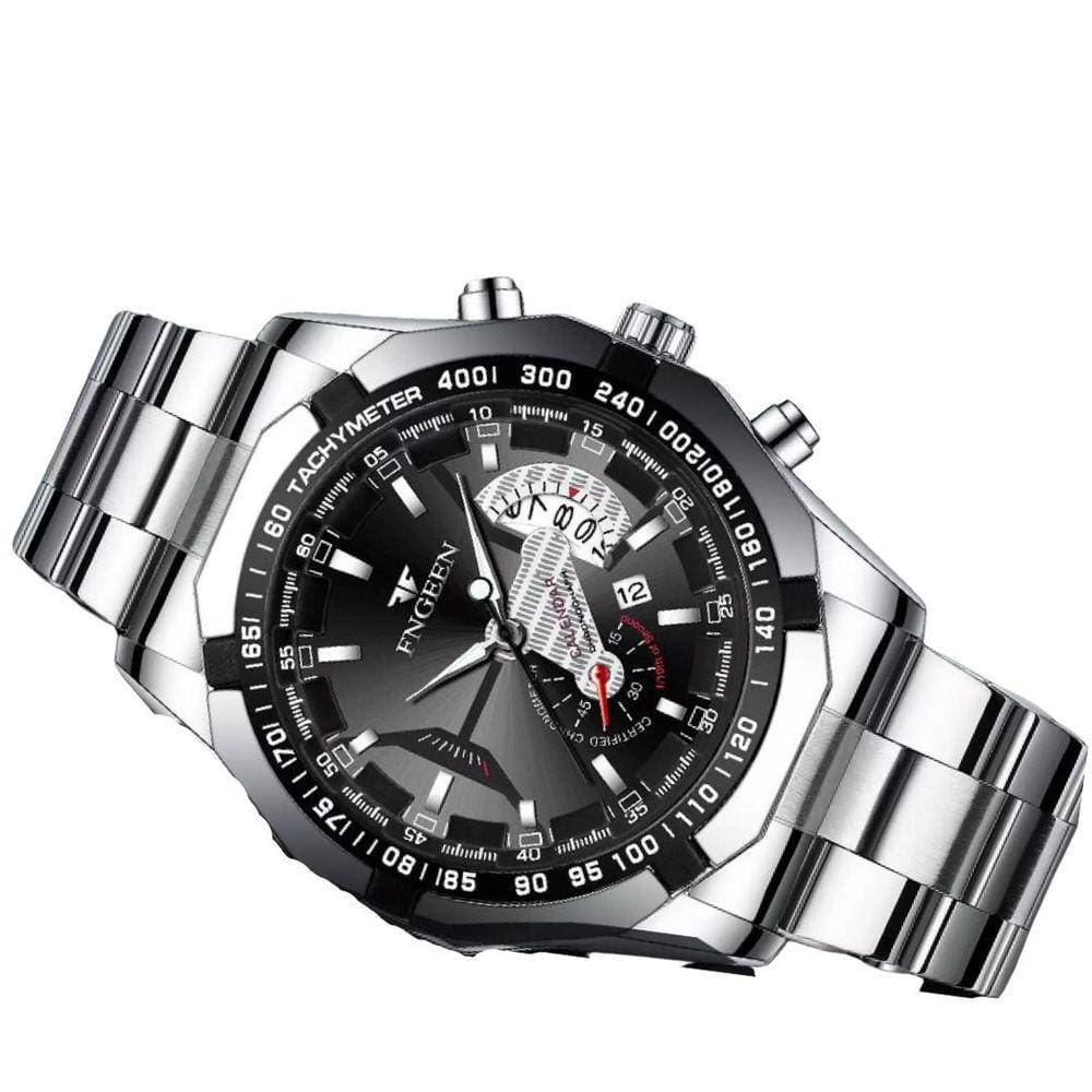 Relógio Masculino Bracelete Aço Inox Fundo Preto Fngeen