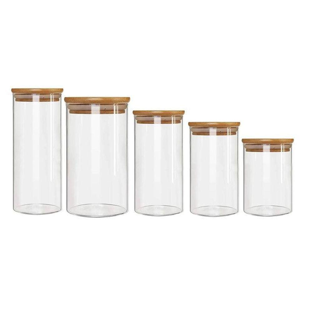 Kit 5 Potes Borossilicato Hermético Tampa Bambu Class Home