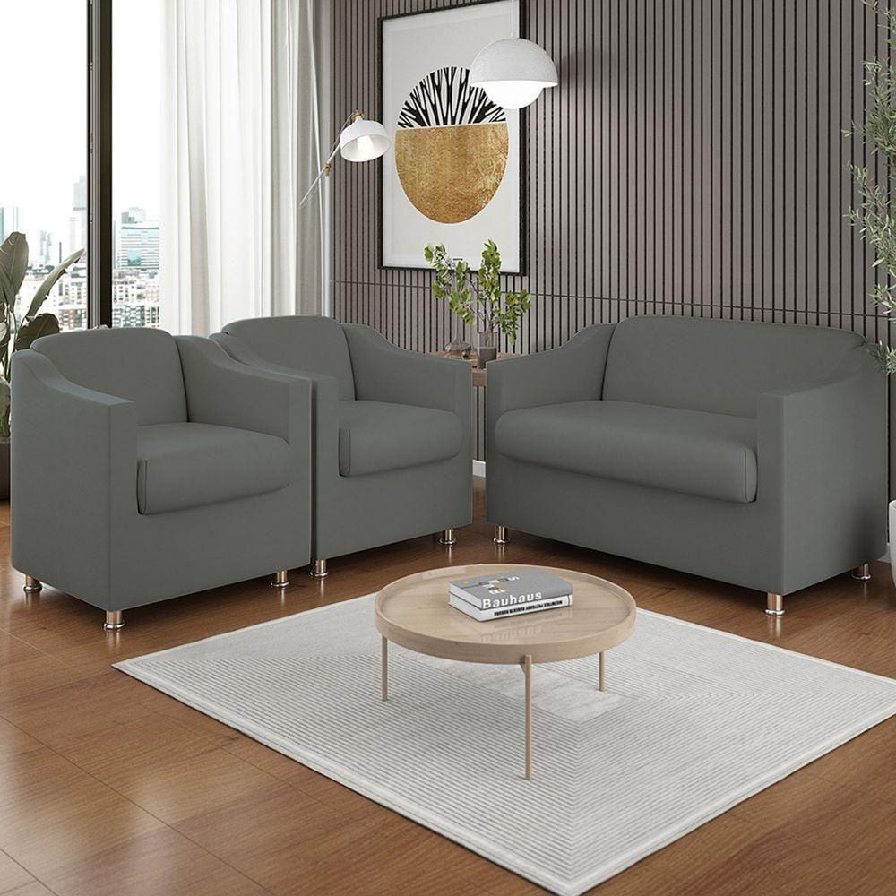 Kit 02 Poltronas Reforçada Clinica + Namoradeira Suede Tilla Cor:cinza
