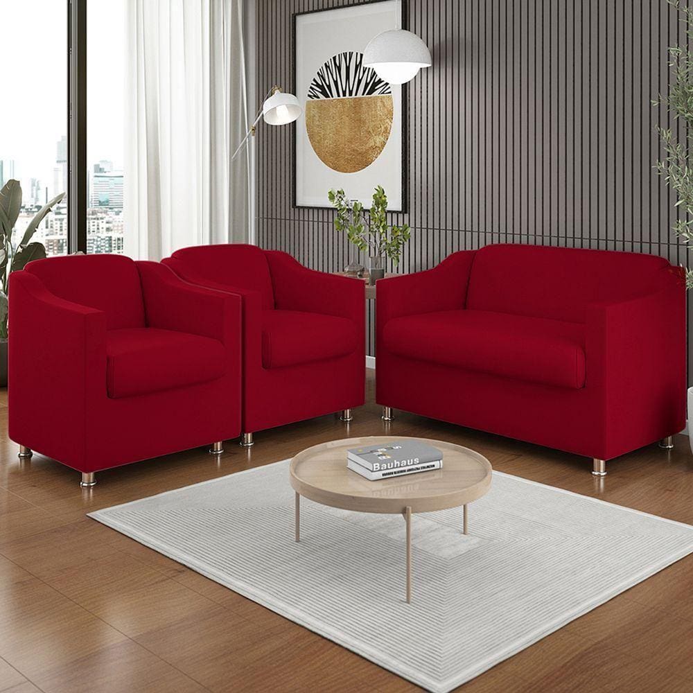 Kit 02 Poltronas Reforçada Clinica + Namoradeira Consultório Cor:vermelho