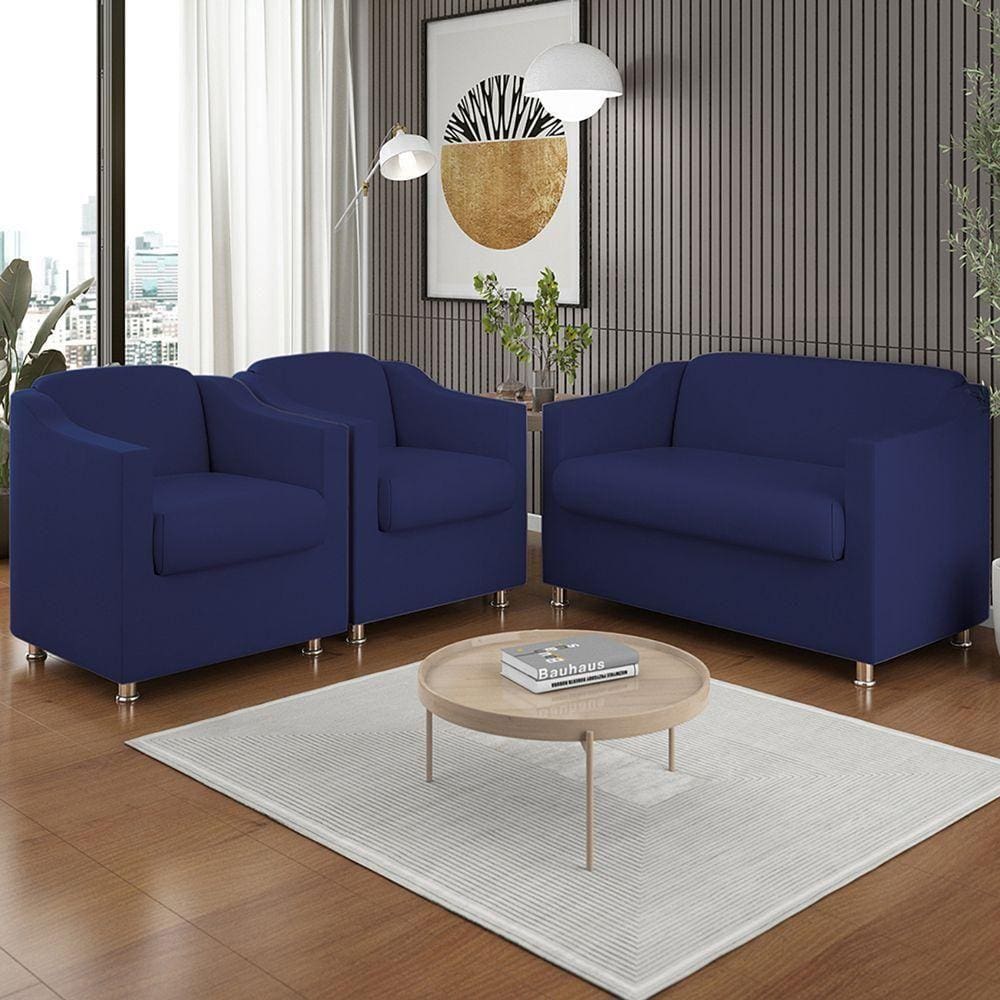 Kit 2 Poltronas Decorativa Tilla + Namoradeira Sala De Estar Cor:azul Marinho
