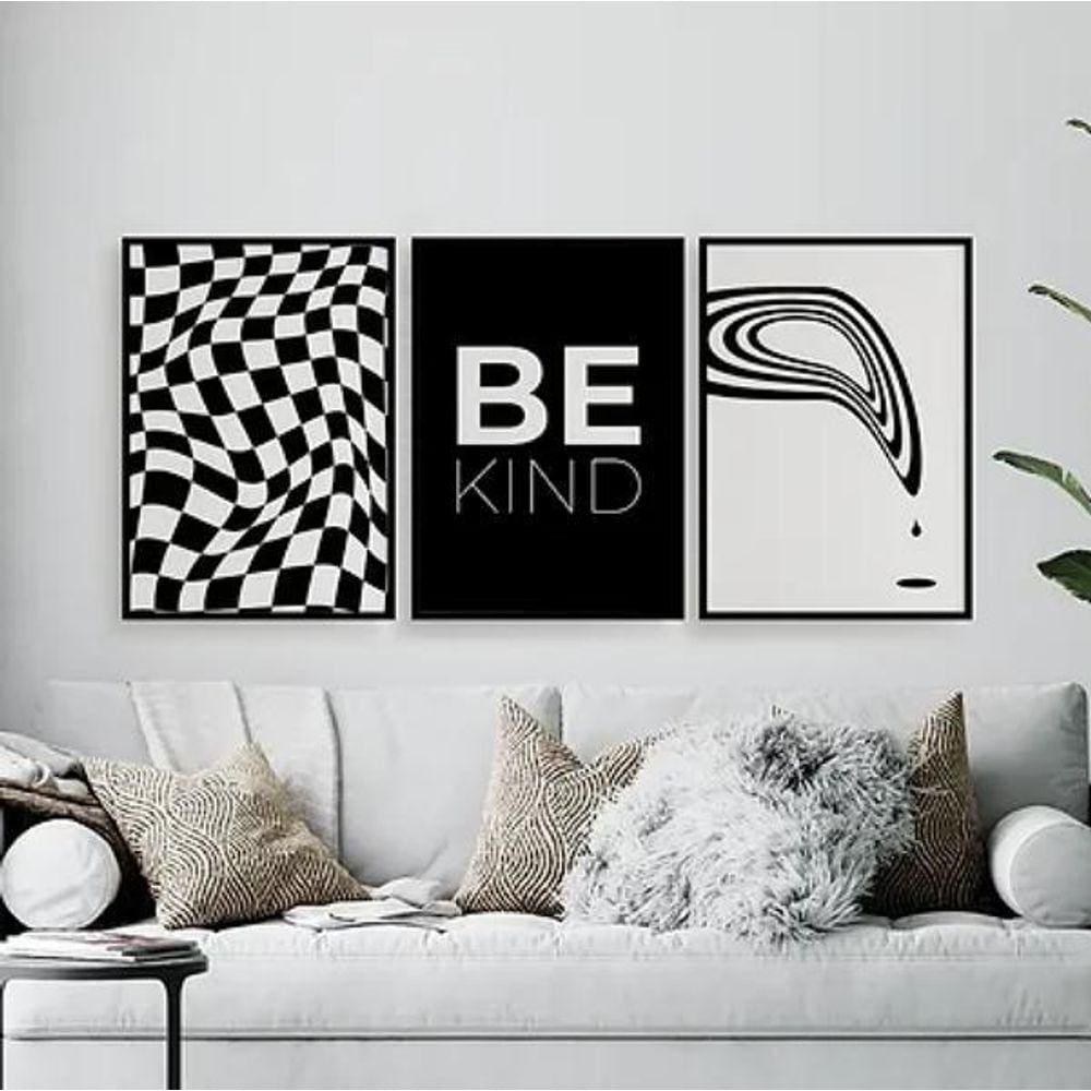 Kit 3 Quadros Optical Art- Be Kind 24X18Cm - Com Vidro Preta