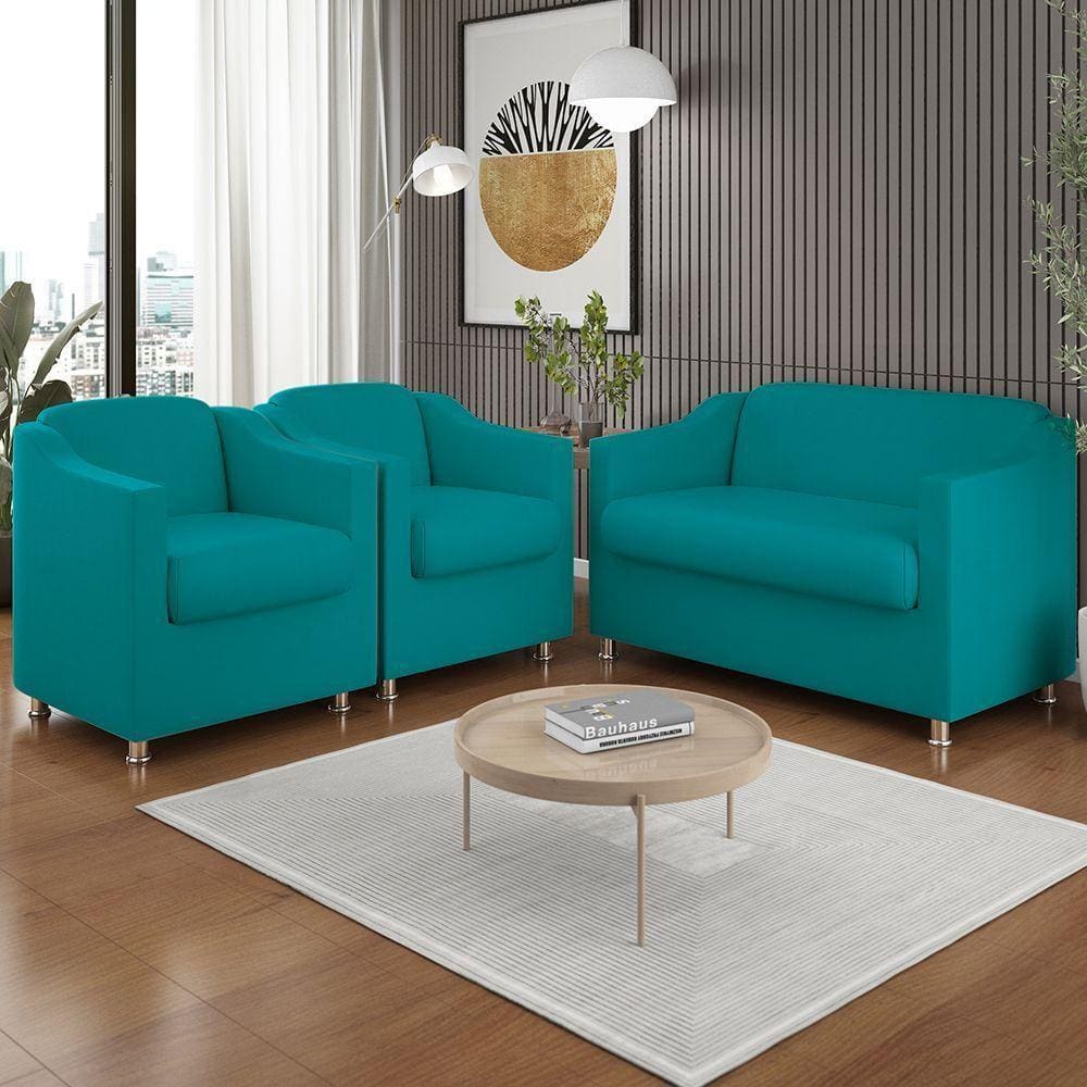 Kit 02 Poltronas Reforçada Clinica + Namoradeira Suede Tilla Cor:azul Turquesa
