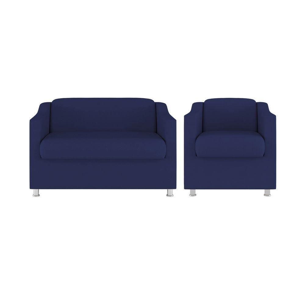Kit 01 Poltrona Decorativa Tilla + Namoradeira Sala Espera Cor:azul Marinho