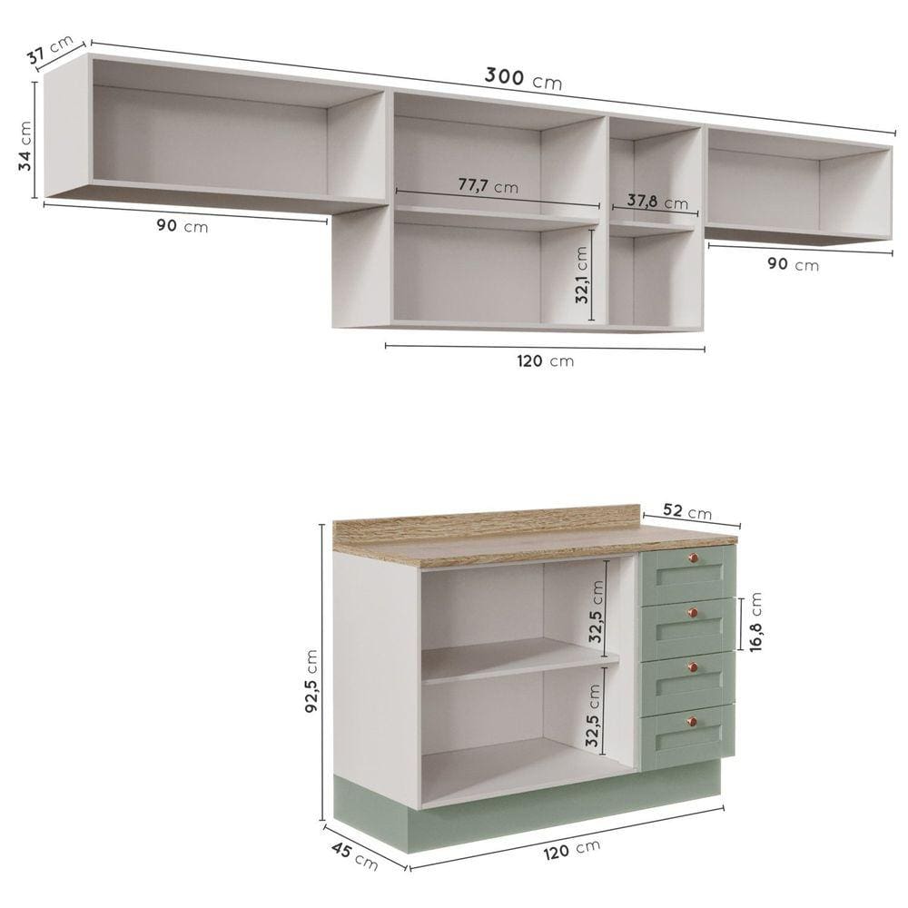 Cozinha Modulada 4 Peças com 3 Aéreos e Balcão 120cm Arizona CabeCasa MadeiraMadeira Branco/Menta