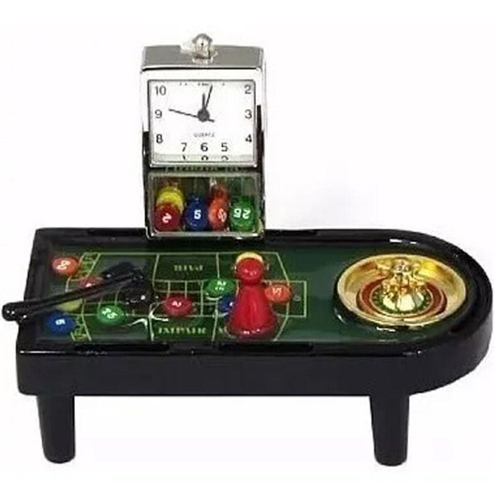 Relógio Mesa Miniatura Aço Roleta Cassino Poker Fichas Carta