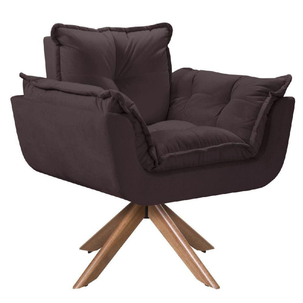 Poltrona Opala Giratória Madeira Suede Marrom