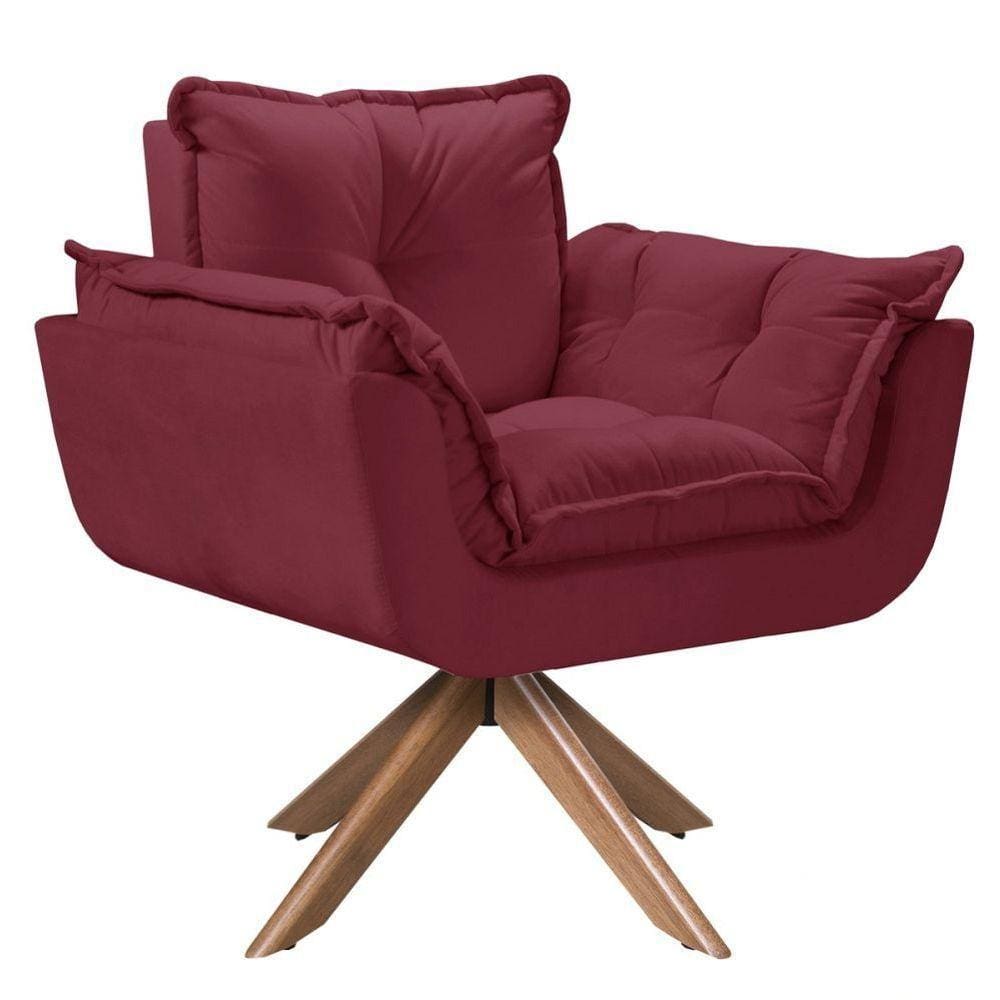 Poltrona Opala Giratória Madeira Suede Bordô