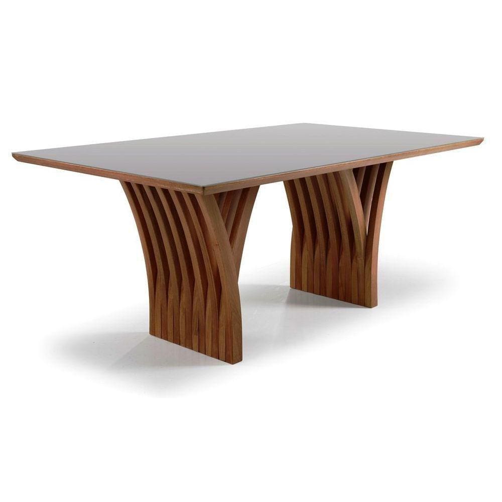 Mesa Yady 180 Vidro Off White Acabamento Castanho