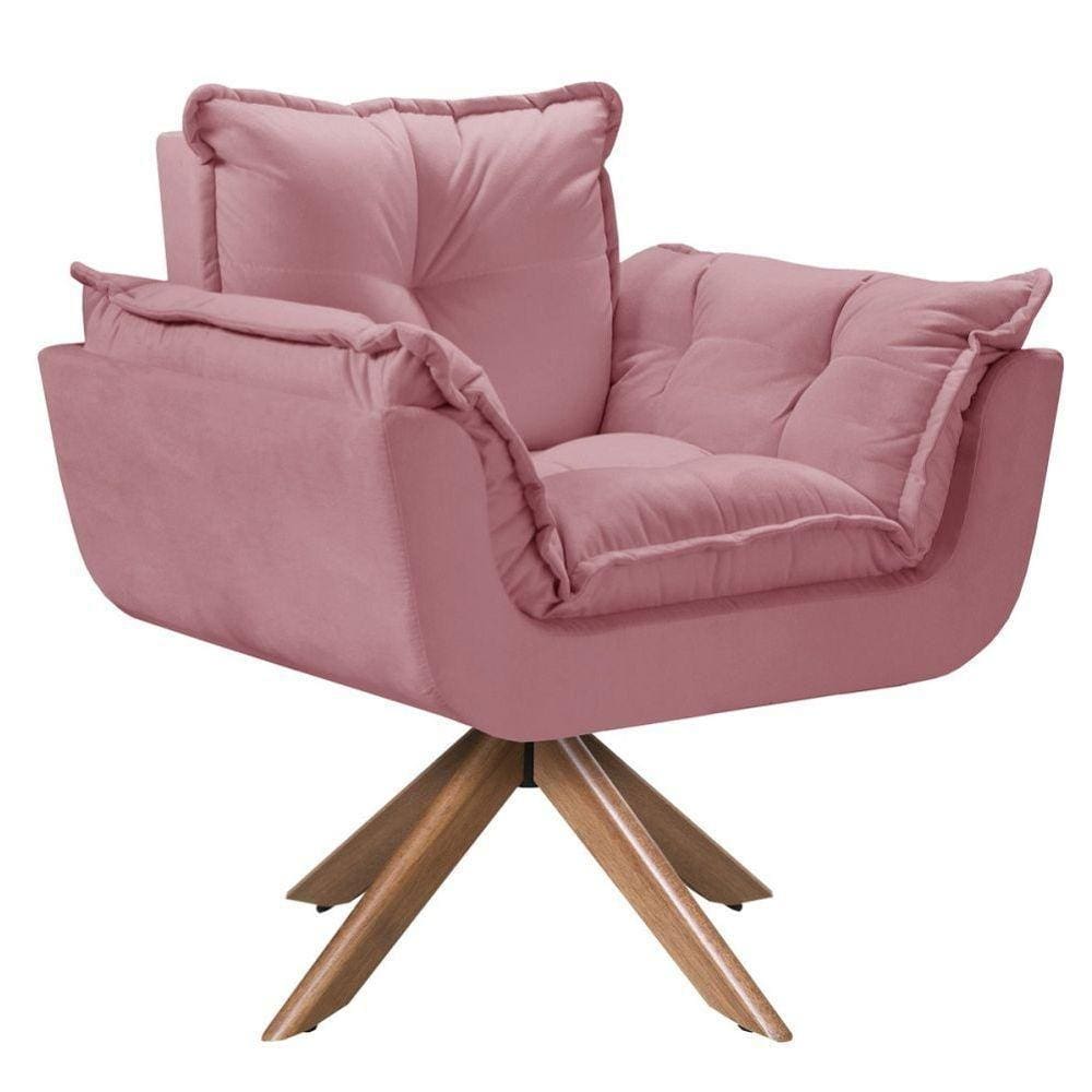 Poltrona Opala Giratória Madeira Suede Rosa