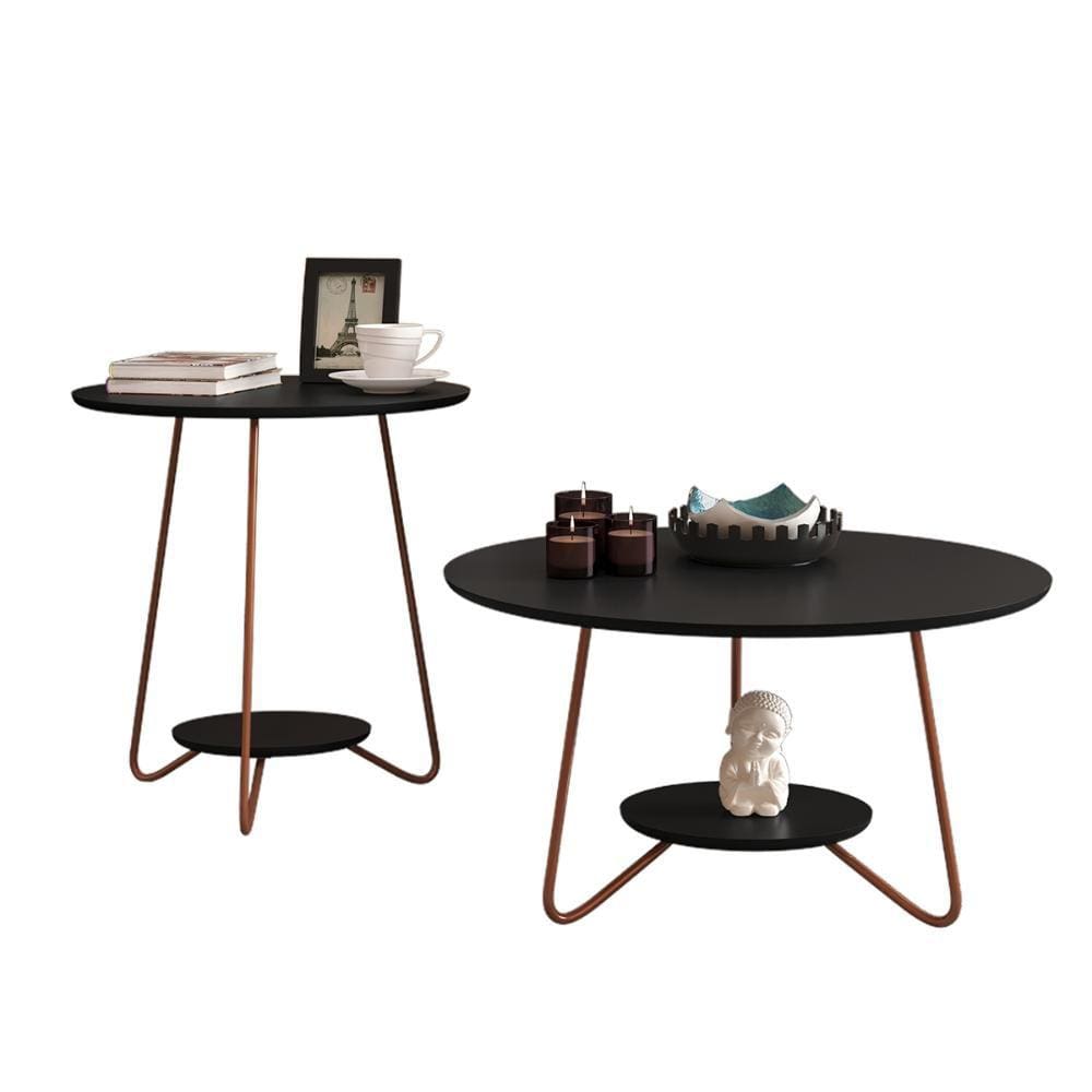 Kit 2 Mesinhas Sala Centro e Apoio Decoração Recepção Modelo Industrial Conjunto Mesas Redondas Jogo Completo Liz - RPM Móveis