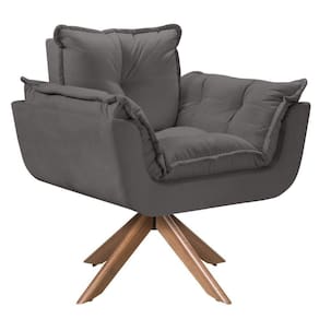 Poltrona Opala Giratória Madeira Suede Cinza