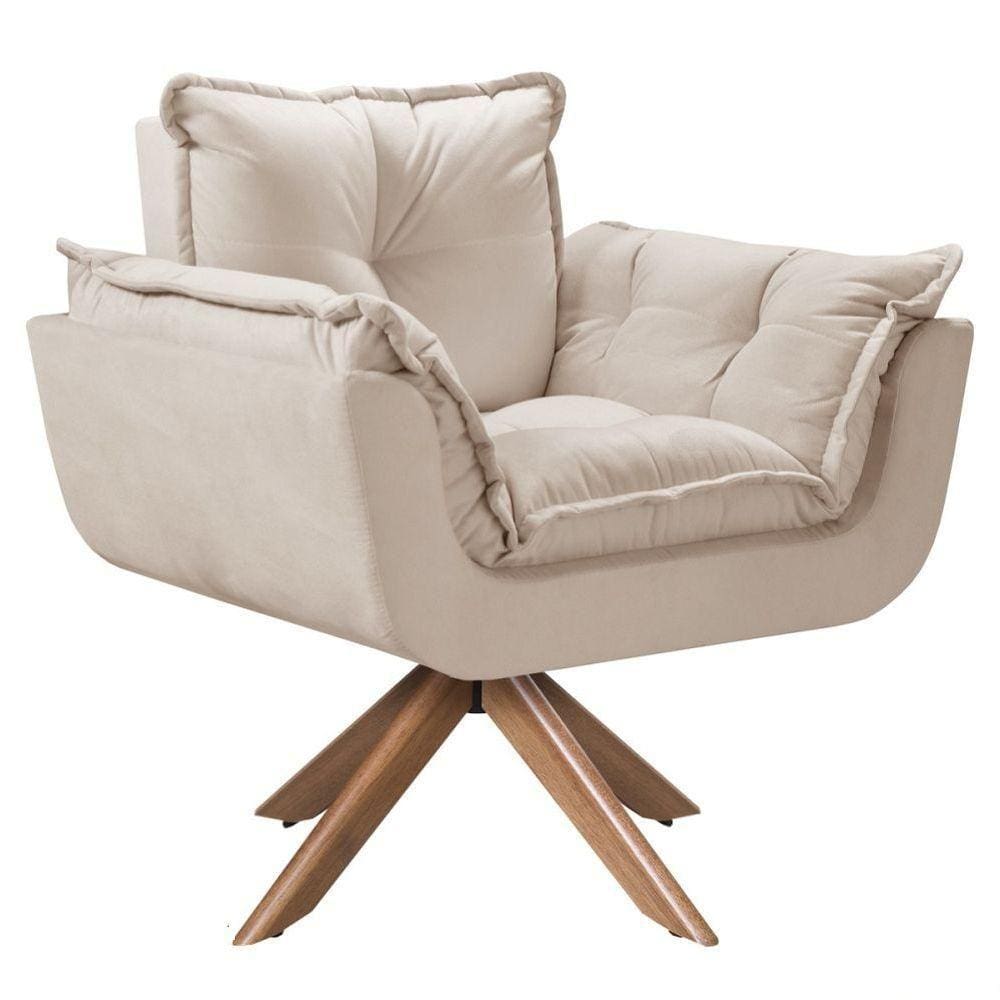 Poltrona Opala Giratória Madeira Suede Bege