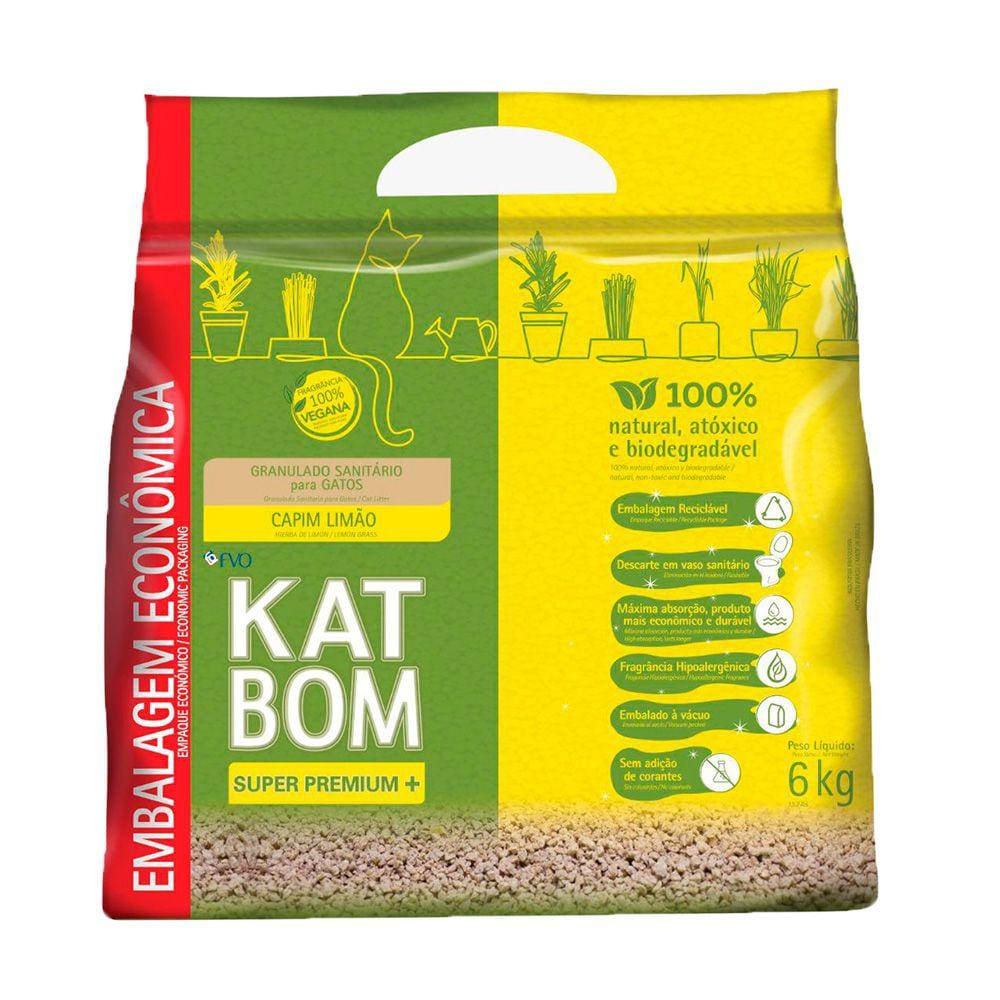 Granulado Higienico Gatos Katbom Economica Capim Limao 6Kg