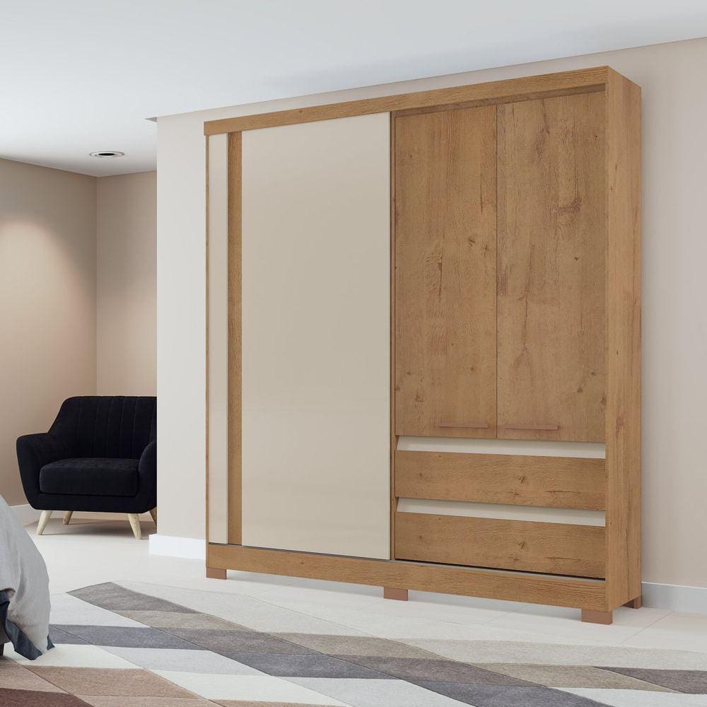 Guarda Roupa 3 Portas 2 Gavetas Condor Atualle Móveis Canelato Rústico/Marrom Off White