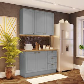 Cozinha Compacta 2 Peças 5 Portas 3 Gavetas Emily Cinza/Marrom