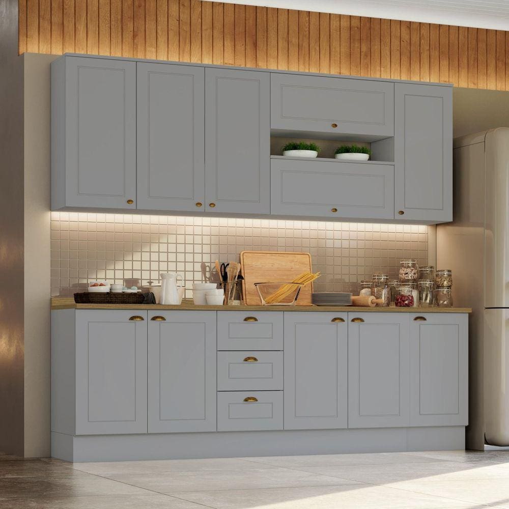 Cozinha Compacta 7 Peças 11 Portas 3 Gavetas Emily Cinza/Marrom