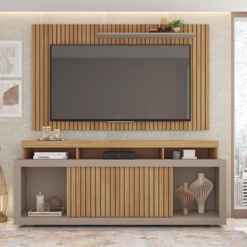 Rack com Painel Para TV de até 65 Polegadas 2 Portas Ripado Esmeralda Buriti/Cinza