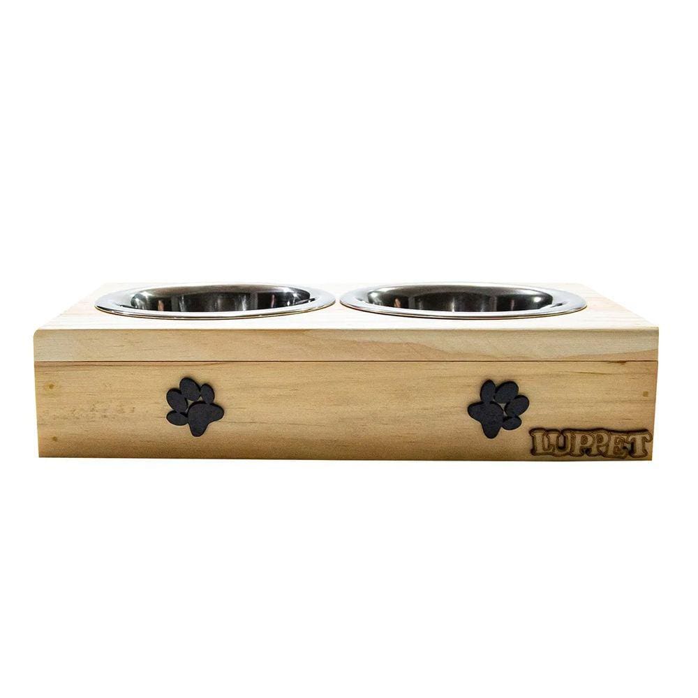Comedouro Com Patinhas De Madeira E Potes Inox Cães Natural Luppet