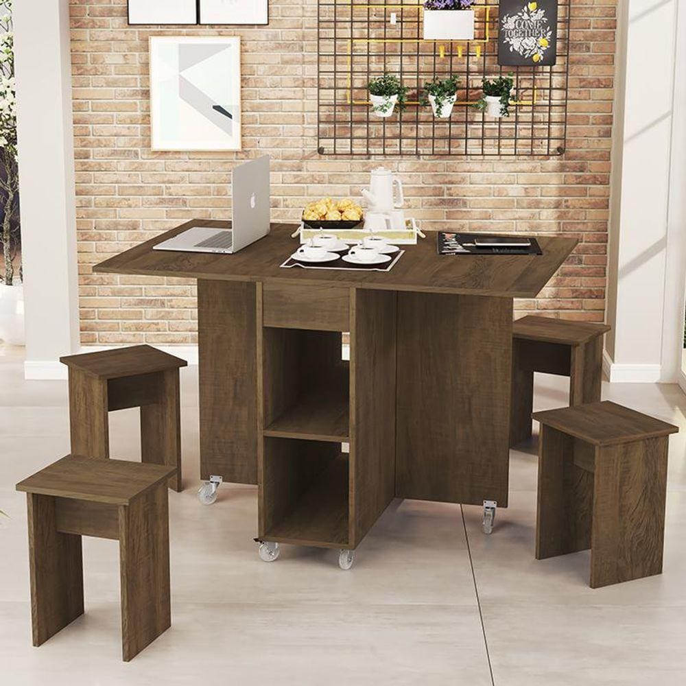 Mesa Dobrável Jade Com 4 Bancos De Encaixe e Rodízios