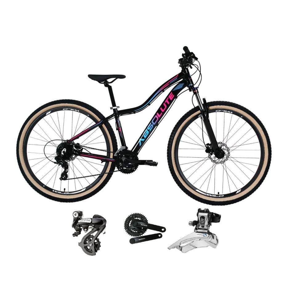 Bicicleta aro 29 Absolute Hera Feminina Shimano Altus 24V Freio a Disco Hidráulico Garfo com Trava Pneus Faixa Bege - Preto