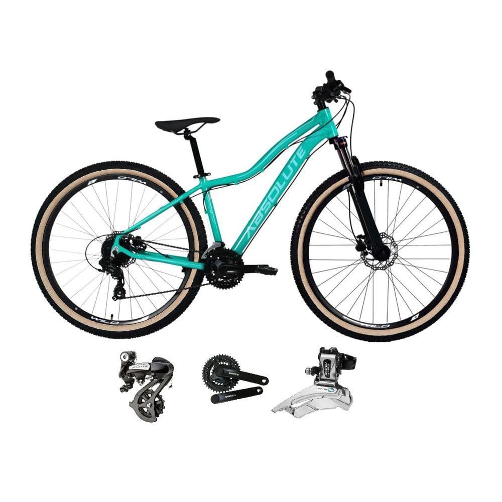Bicicleta aro 29 Absolute Hera Feminina Shimano Altus 24V Freio a Disco Hidráulico Garfo com Trava Pneus Faixa Bege - Verde