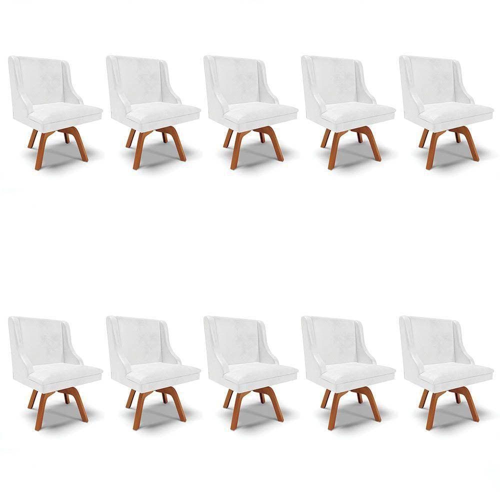 Kit 10 Cadeiras Estofadas Base Giratória De Madeira Lia Sintético Premium Branco - Ibiza