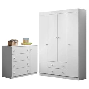 Jogo De Quarto Infantil Guarda Roupa 4 Portas E Cômoda 4 Gavetas Ellie P04 Branco - Mpozenato