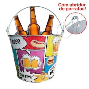 Balde De Gelo Para Cerveja Estampado Em Metal Galvanizado Com Abridor 4,8 Litros