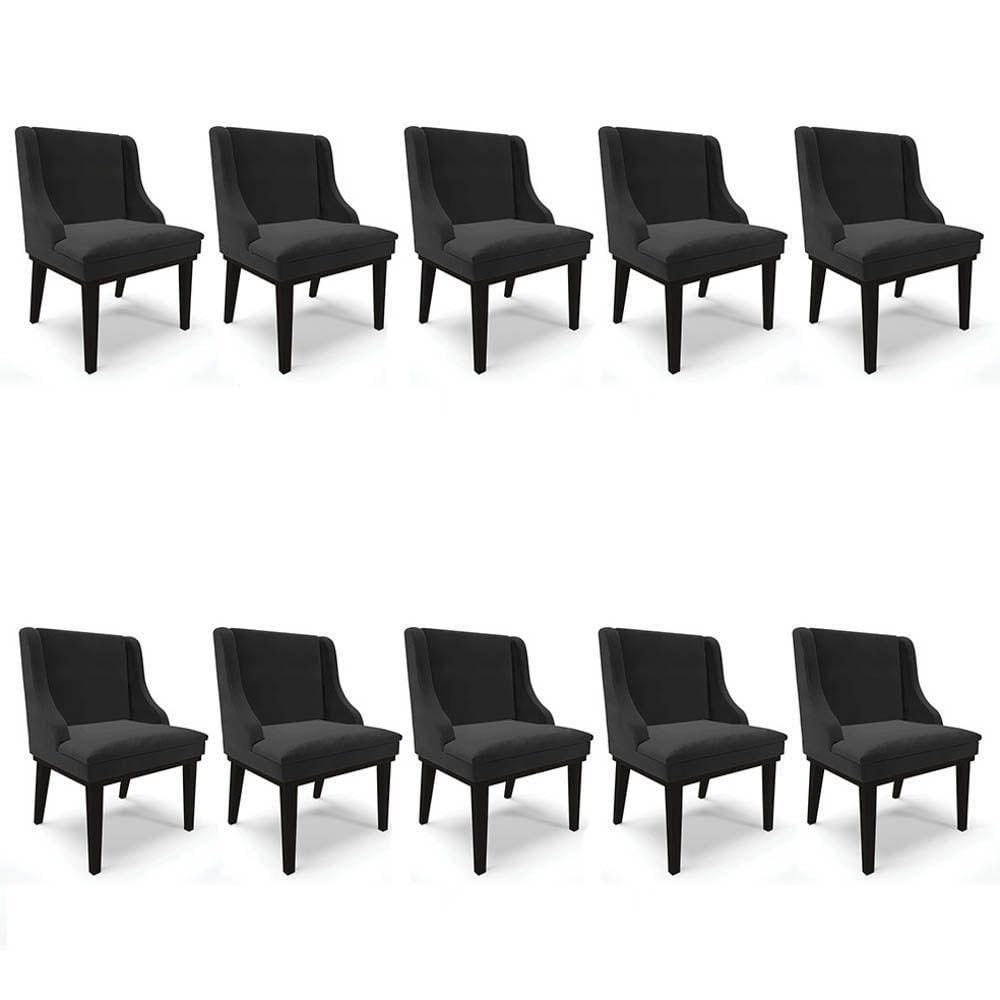 Kit 10 Cadeiras Estofadas Para Sala De Jantar Base Fixa De Madeira Preto Lia Veludo Preto - Ibiza