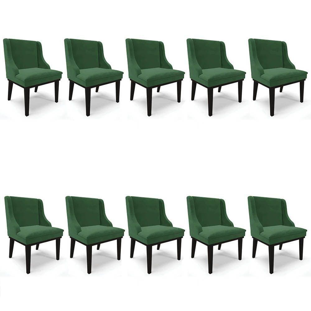 Kit 10 Cadeiras Estofadas Para Sala De Jantar Base Fixa De Madeira Preto Lia Veludo Verde - Ibiza