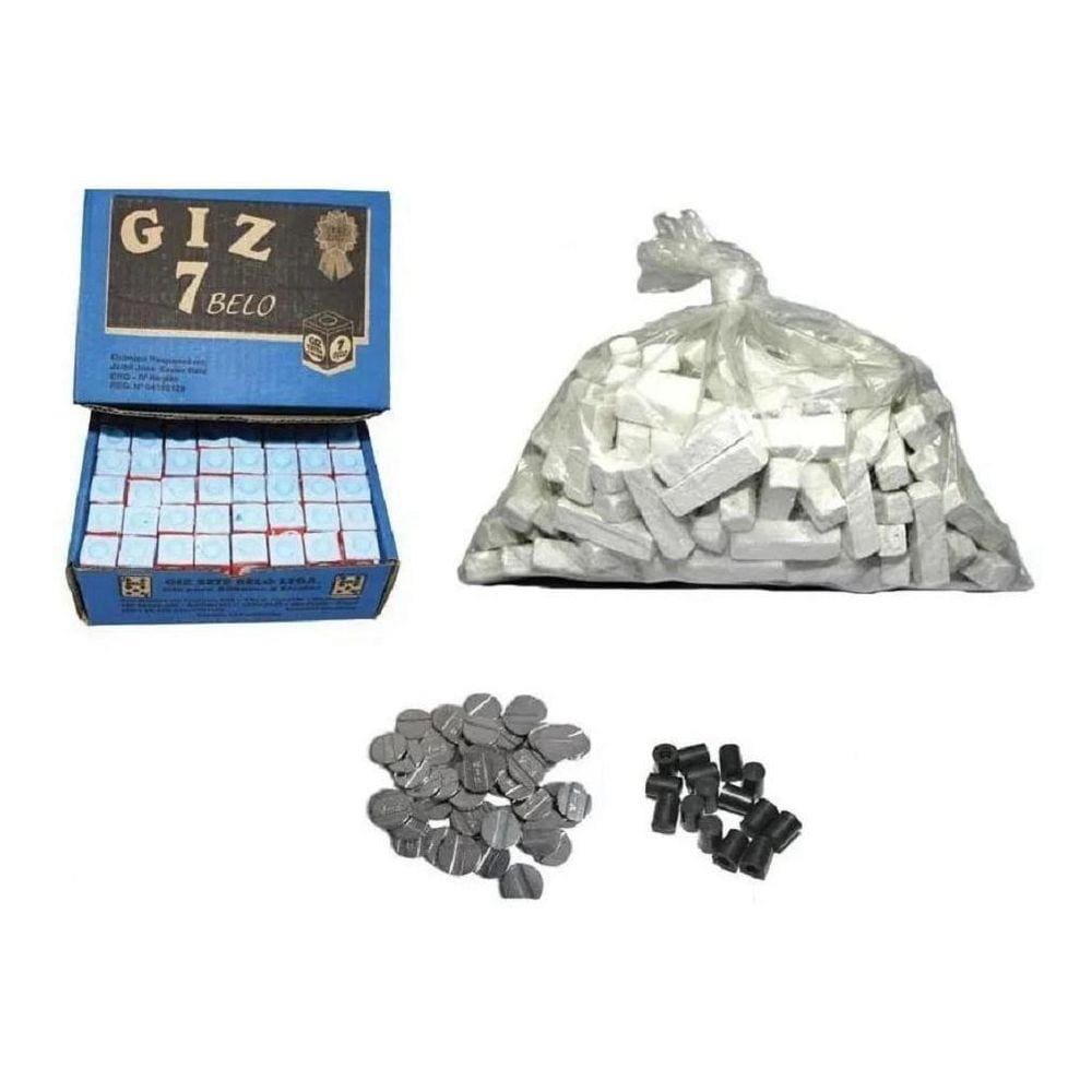 Kit 1 Kg Giz Branco + 144 Azul + 100 Ficha + 20 Ponta Sinuca