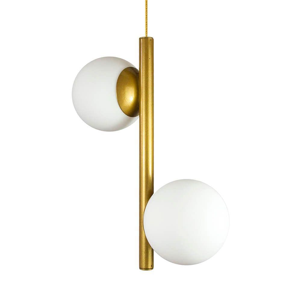 Lustre Pendente Figo OURO - 2 Globos de Vidro Branco