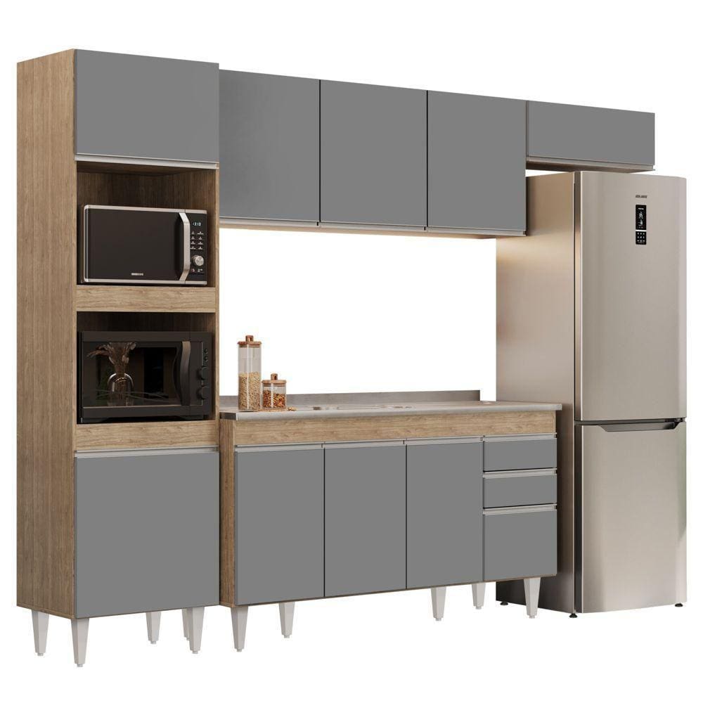 Armário De Cozinha Modulada 4 Peças Cp12 Com Pia Inox Castanho/cinza - Lumil