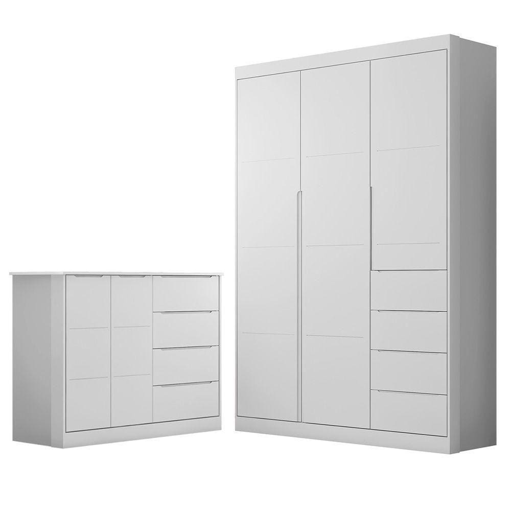 Jogo De Quarto Infantil Guarda Roupa 3 Portas E Cômoda 4 Gavetas Lilly P04 Branco - Mpozenato