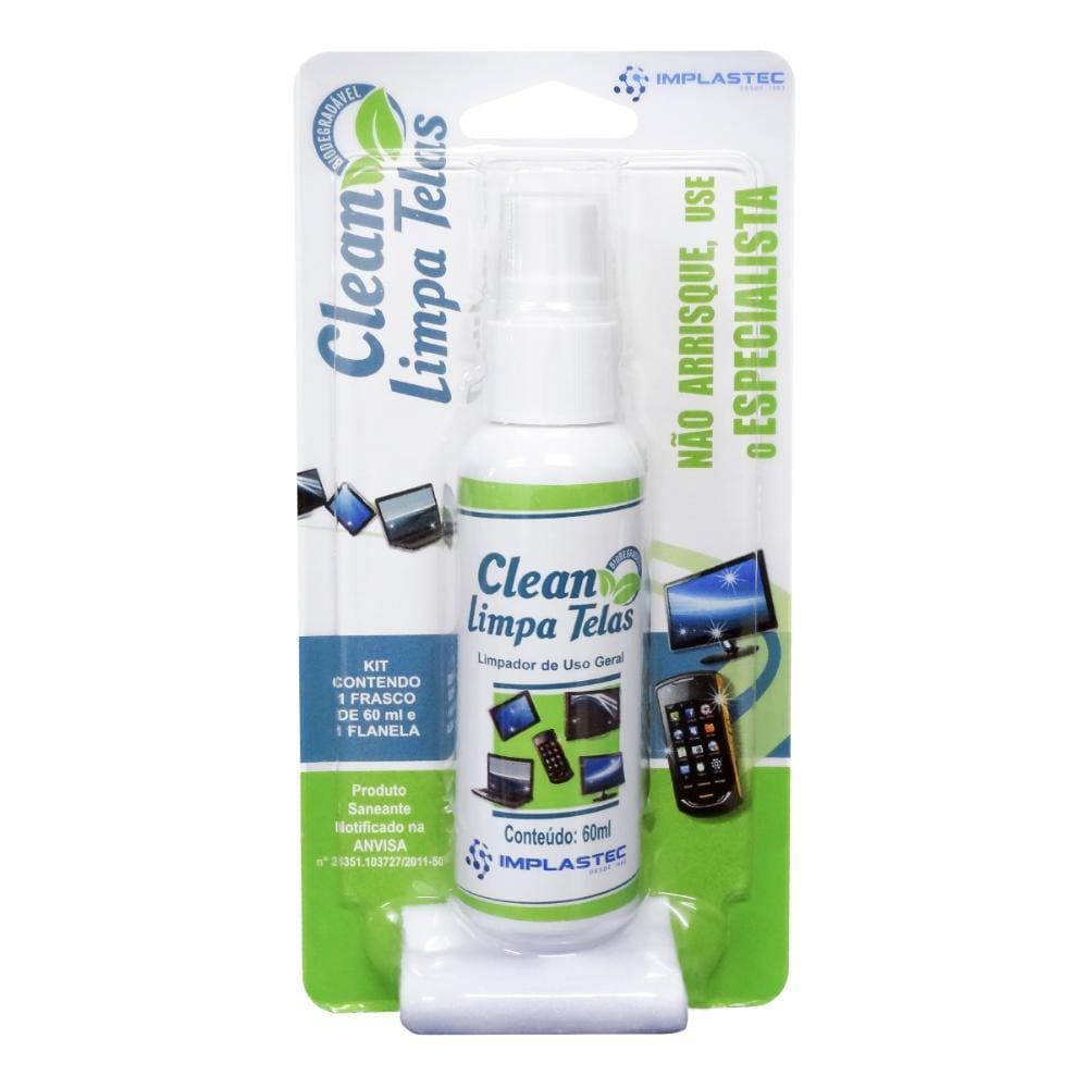 Spray Limpa Tela Clean Implastec - 60ml - Com Flanela - Para Limpeza de Notebook, TVs e Monitores