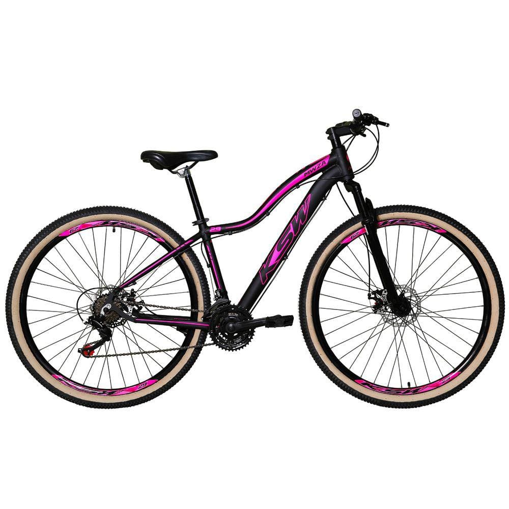 Bicicleta Feminina Aro 29 Ksw Mwza 24v Freio a Disco Garfo Com Suspensão Mtb 29 Alumínio Pneu com Faixa Bege - Preto/Rosa