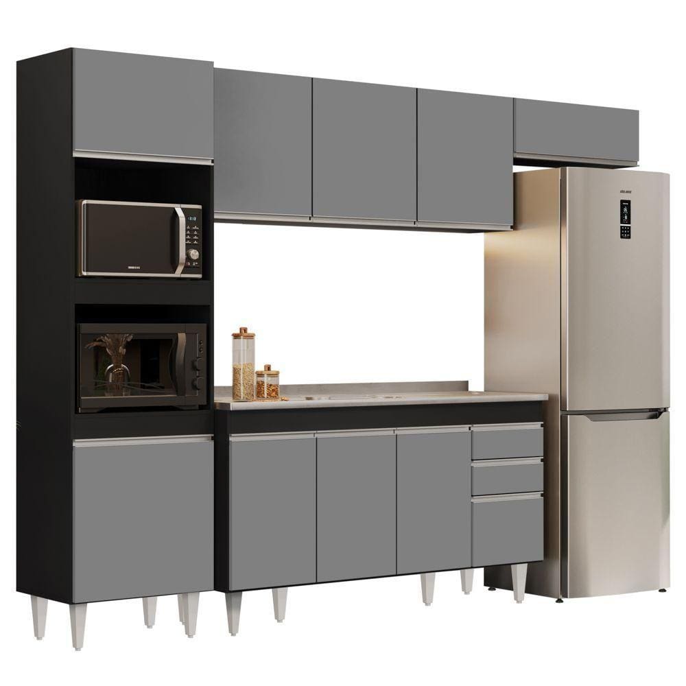 Armário De Cozinha Modulada 4 Peças Cp12 Com Pia Inox Preto/cinza - Lumil