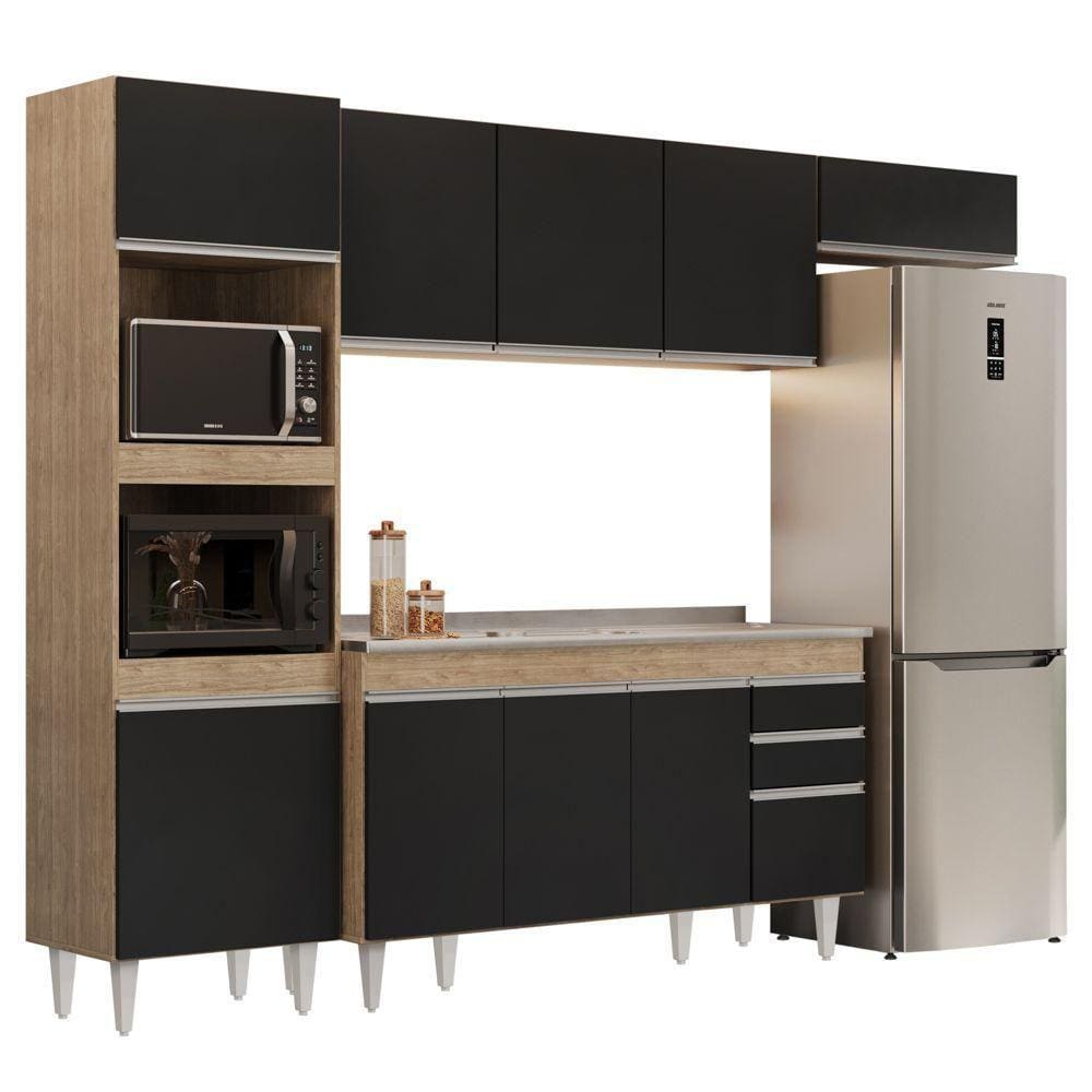 Armário De Cozinha Modulada 4 Peças Cp12 Com Pia Inox Castanho/preto - Lumil
