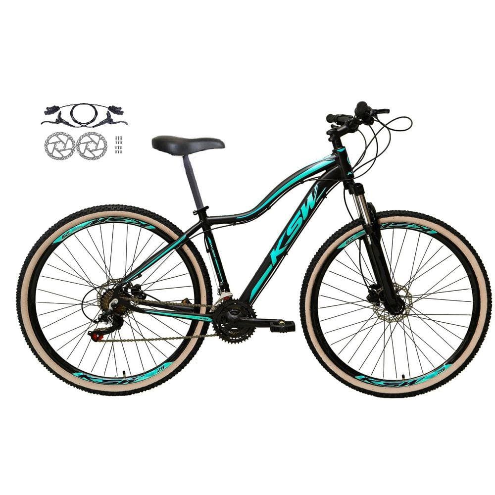 Bicicleta Feminina Aro 29 Ksw Mwza Alumínio 24v Câmbios Shimano Freio a Disco Garfo Suspensão - Preto/Azul