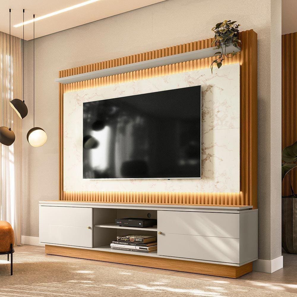 Estante Home 215Cm Valdivia Com Led Detalhe Marmorizado Para Tv Até 75 Nature/Off White