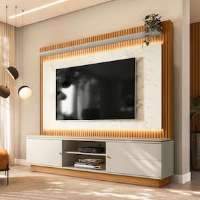 Estante Home 215Cm Valdivia Com Led Detalhe Marmorizado Para Tv Até 75 Nature/Off White