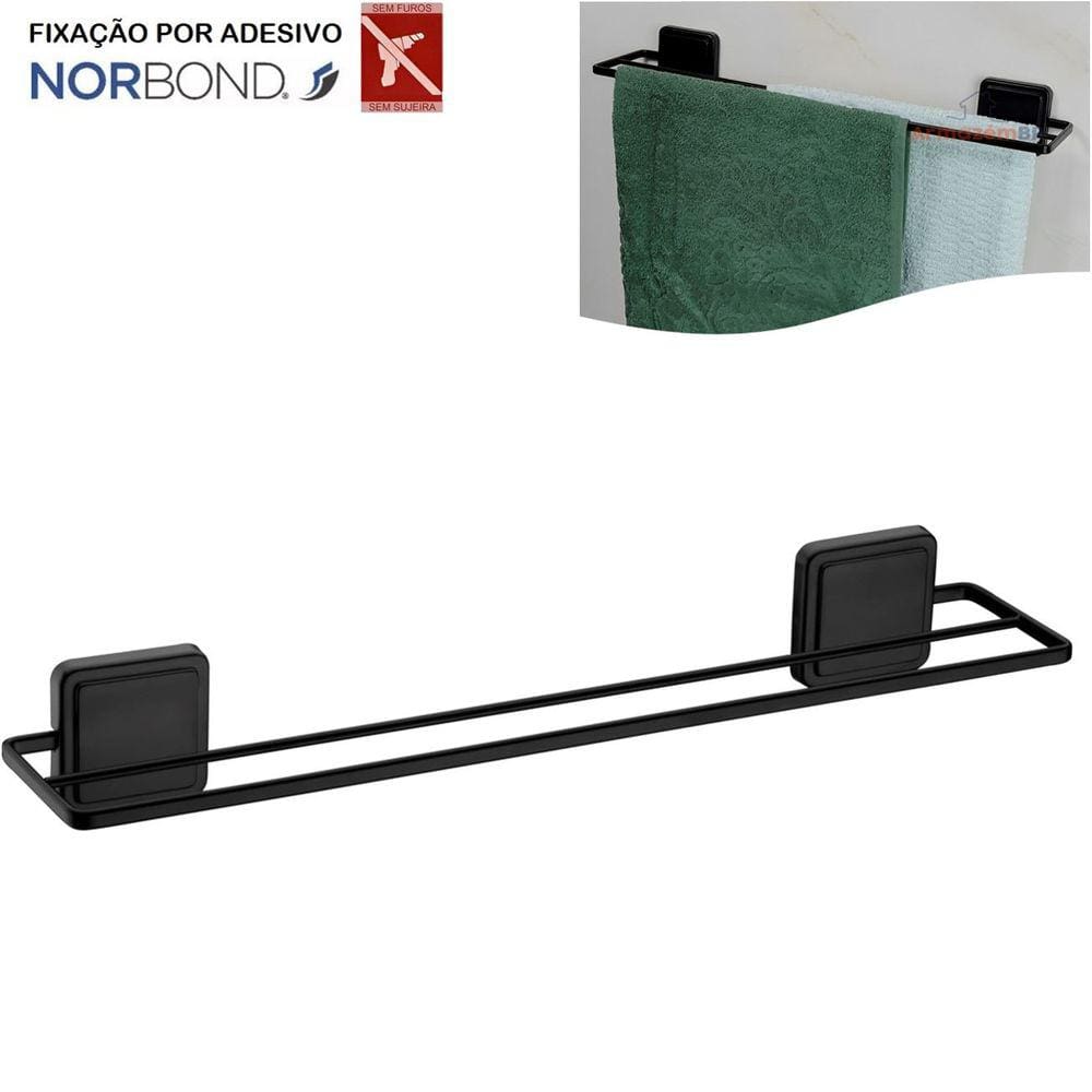 Suporte Porta Toalha Toalheiro Duplo 45cm Banheiro Adesivo Dupla Face Preto Fosco - 184PT Future