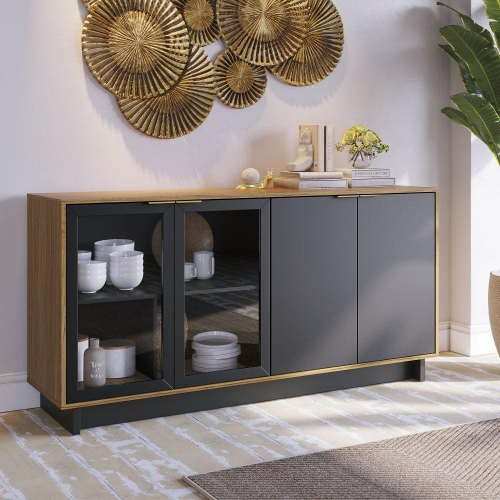 Buffet Balcão Aparador Para Sala Escritório 4 Portas Organizador Marrom Madeira Preto