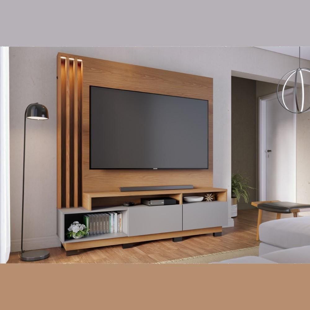 Rack Com Painel Para TV Até 75 Polegadas Home Theater Ripado Luz LED Sala Marrom Madeira Cinza Fosco