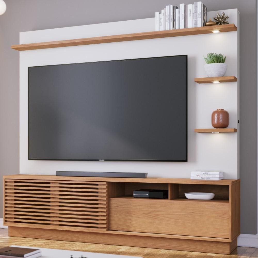 Rack Com Painel Para TV até 70 Polegadas Home Theater Ripado Luz LED Marrom Madeira Off White Matte
