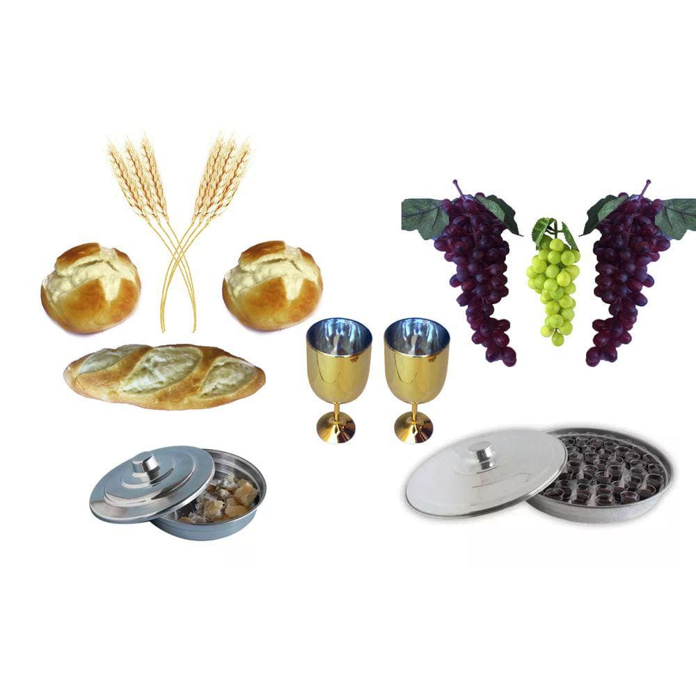 Kit Santa Ceia Com Bandejas Pães Uvas Tacas Trigo Cálices