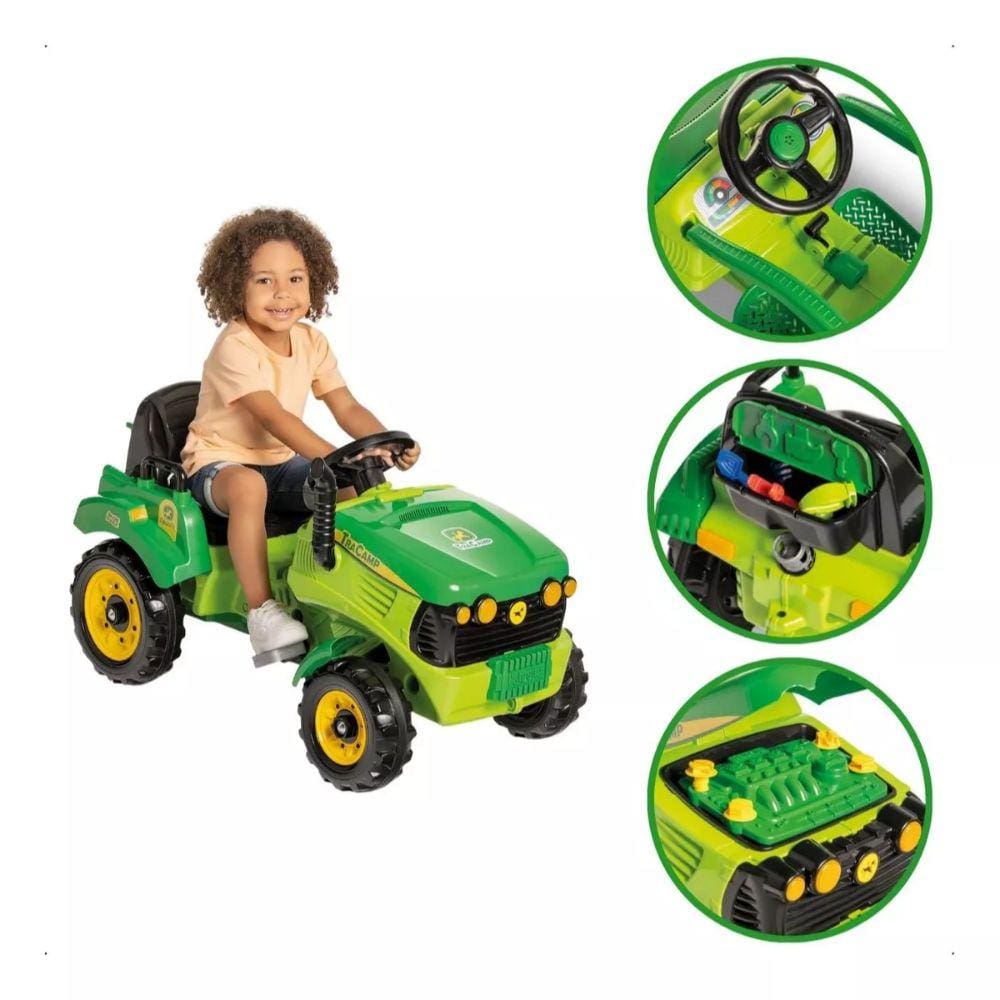 Mini Trator a pedal com empurrador e caixa de ferramentas com marcha Tracamp Verde Calesita