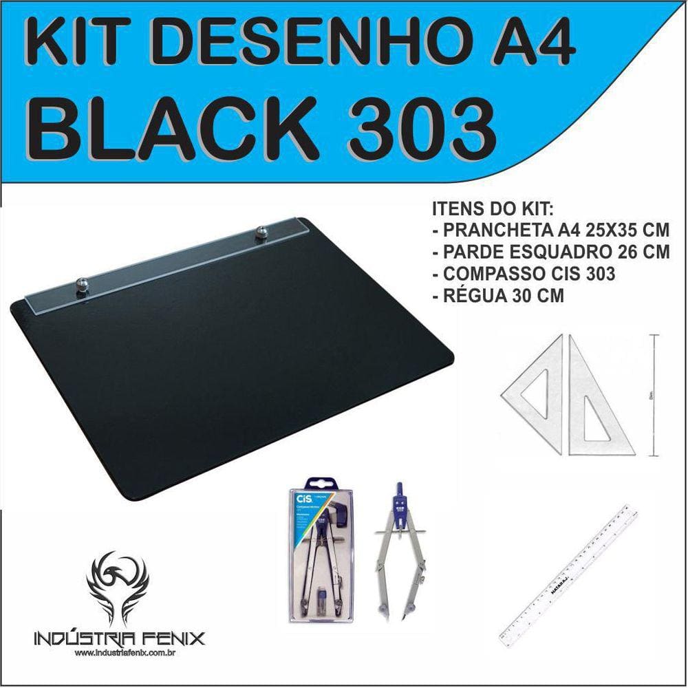 Kit Desenho Técnico Prancheta A4 Preto Esquadro 26Cm Cis303